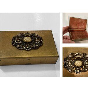 Vintage Brass Rhinestone Jewelry Box